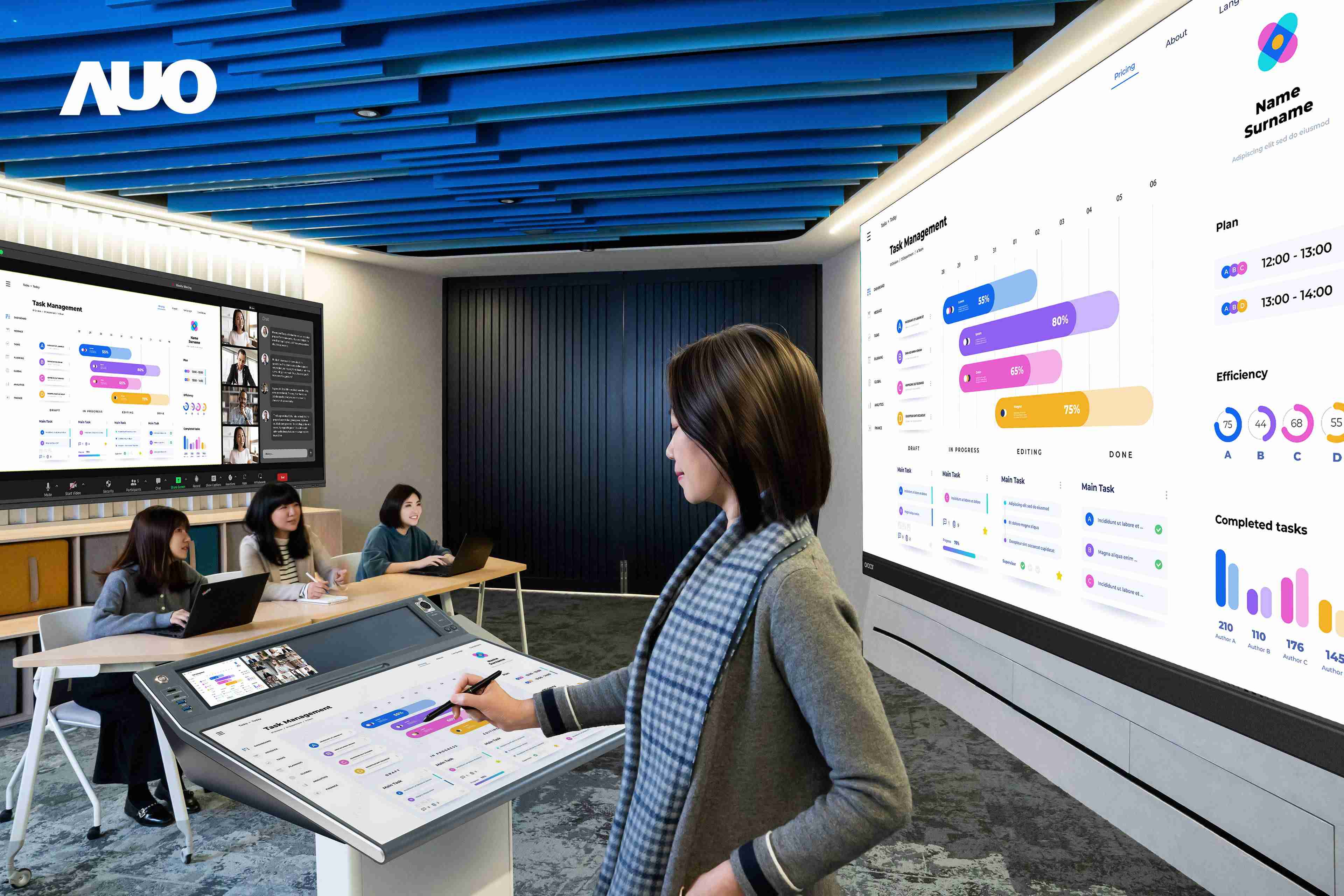 达擎携手Avocor与Rise Vision展示全方位商务领域应用，，包含采用模块化设计的138吋一体式All-in-One LED显示器及具21:9超宽比例的92吋交互式电子白板（IFPD），，，，讲者可轻松分享内容，，，，有效提升会议协作效率。。